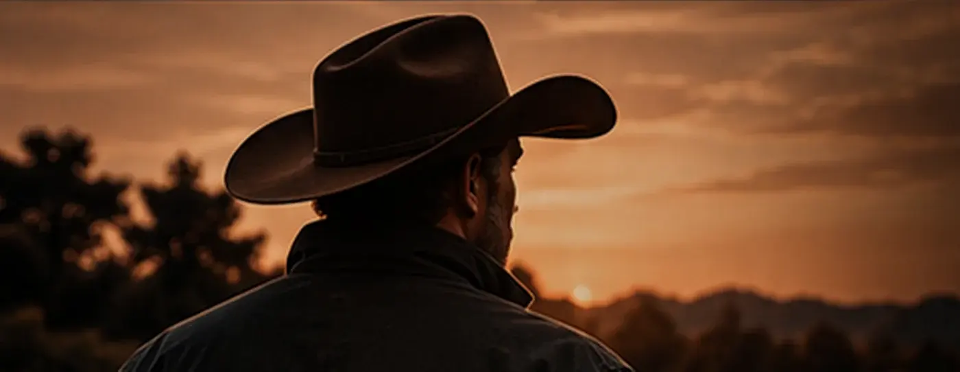 Cowboy de costas observando o pôr do sol sobre a fazenda